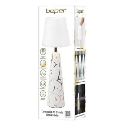 Beper Marble Battery Table Lamp, Marble Ceramic Design With Gold Detail, 3-Colour Touch Control Led Light With Adjustable Intensity, 36 Hours Battery Life - USB-C Included, P207ILI500
