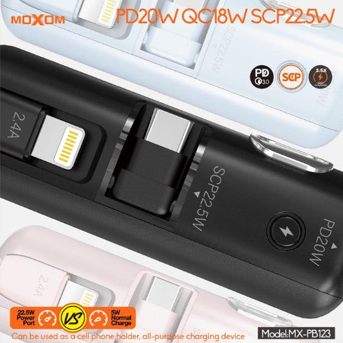 Moxom, Mx-Pb123 3?1 Lcd Pd20W Qc18W Scp22.5W Power Bank (5000Mah) Ultra-Small Size Built-In Connectors Fast Charging Digital Display Moxom, Mx-Pb123 3?1 Lcd Pd20W Qc18W Scp22.5W Power Bank