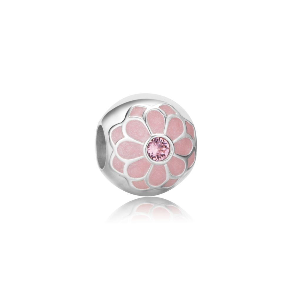 Polo Exchange, Woman Jewelries, Sterling Silver & Swarovski Crystal & Pink Enamel Flower Ball Charm