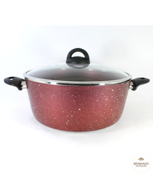 Reinhaus, Red Aluminium Non Stick, Teflon Granite Outside and Inside 30 cm Granite Deep Pot with Lid Color Red