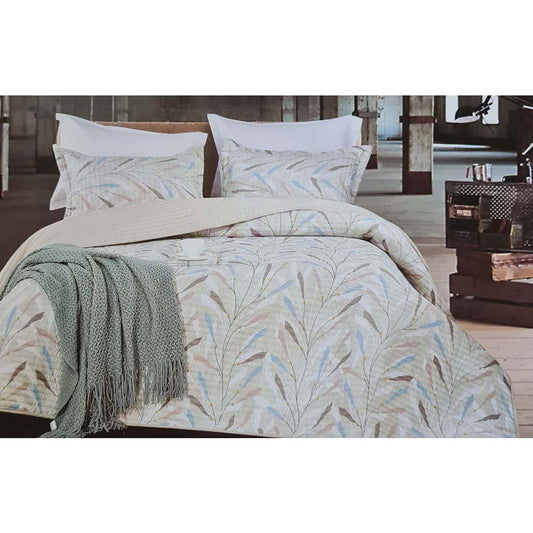 Comfy, Home Bed Spread 240x260 Double C24, Blue + White Leaves Po-5914, RZLN-102395BW