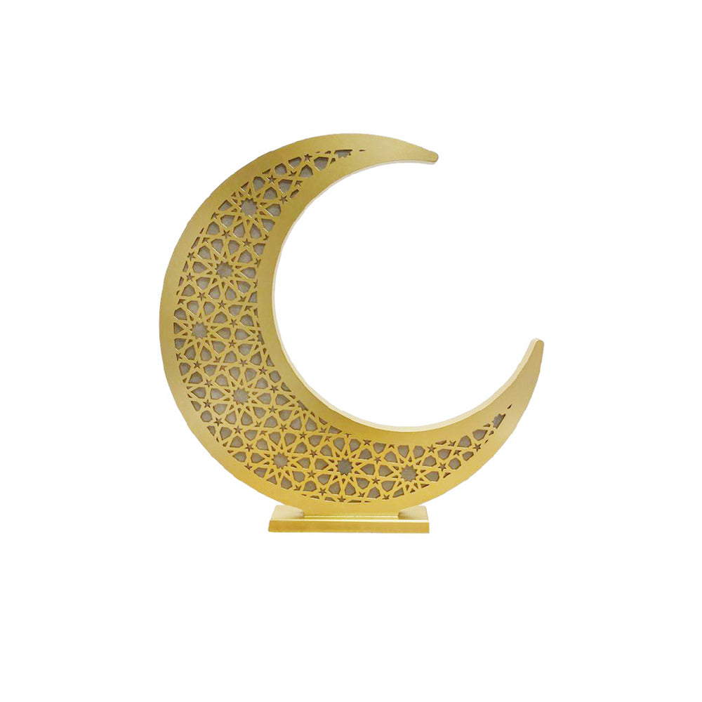 SK Ramadan Decoration, Gold Small Wooden Half Moon, Arabesque Stand With Led Light [6019], XXX-3475