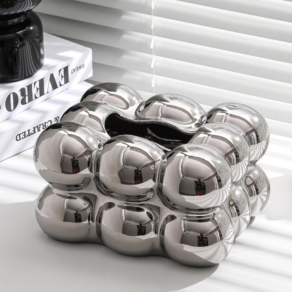 Silver Ceramic Tissue Box Cover - Refined Minimalist Decor Statement, SK868