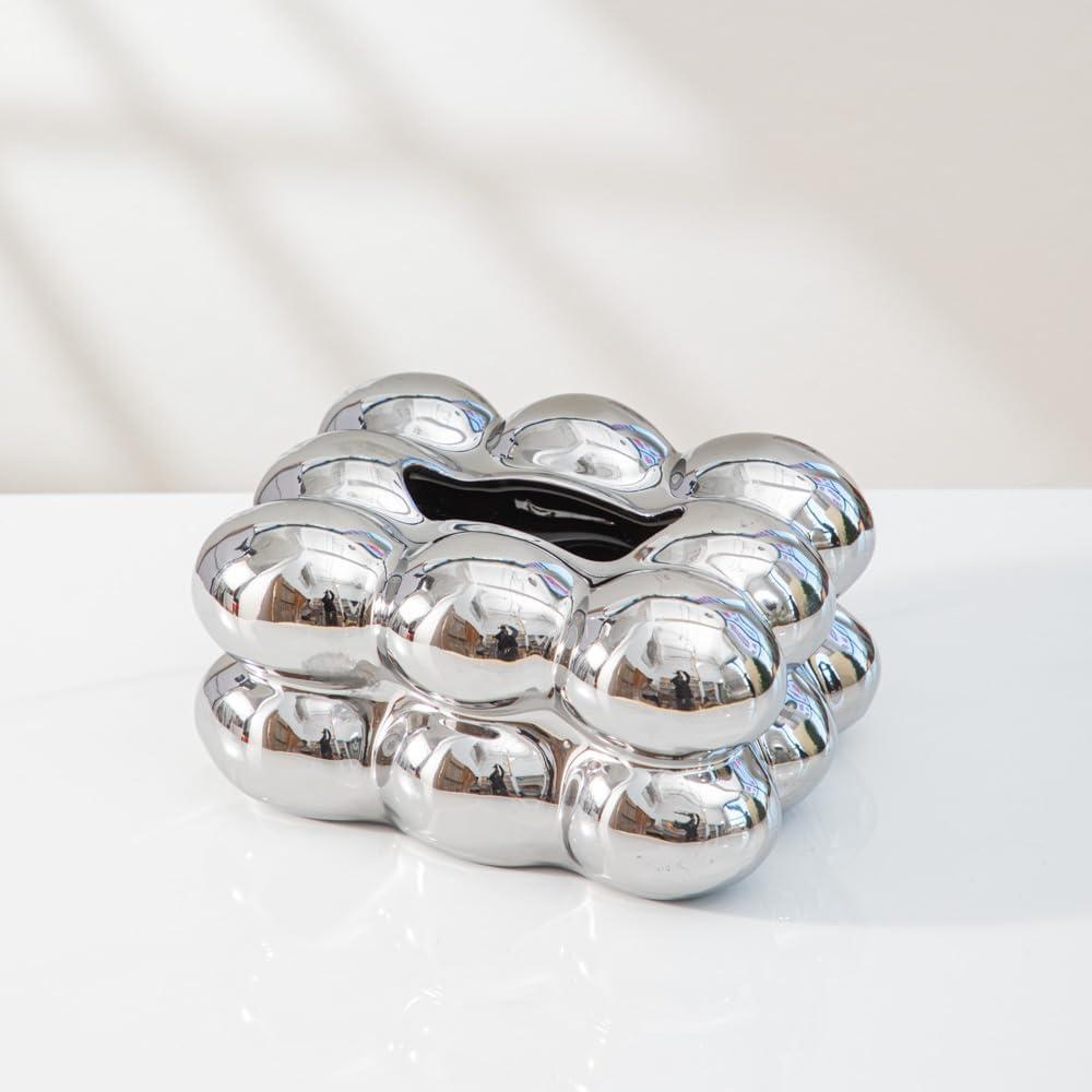 Silver Ceramic Tissue Box Cover - Refined Minimalist Decor Statement, SK868
