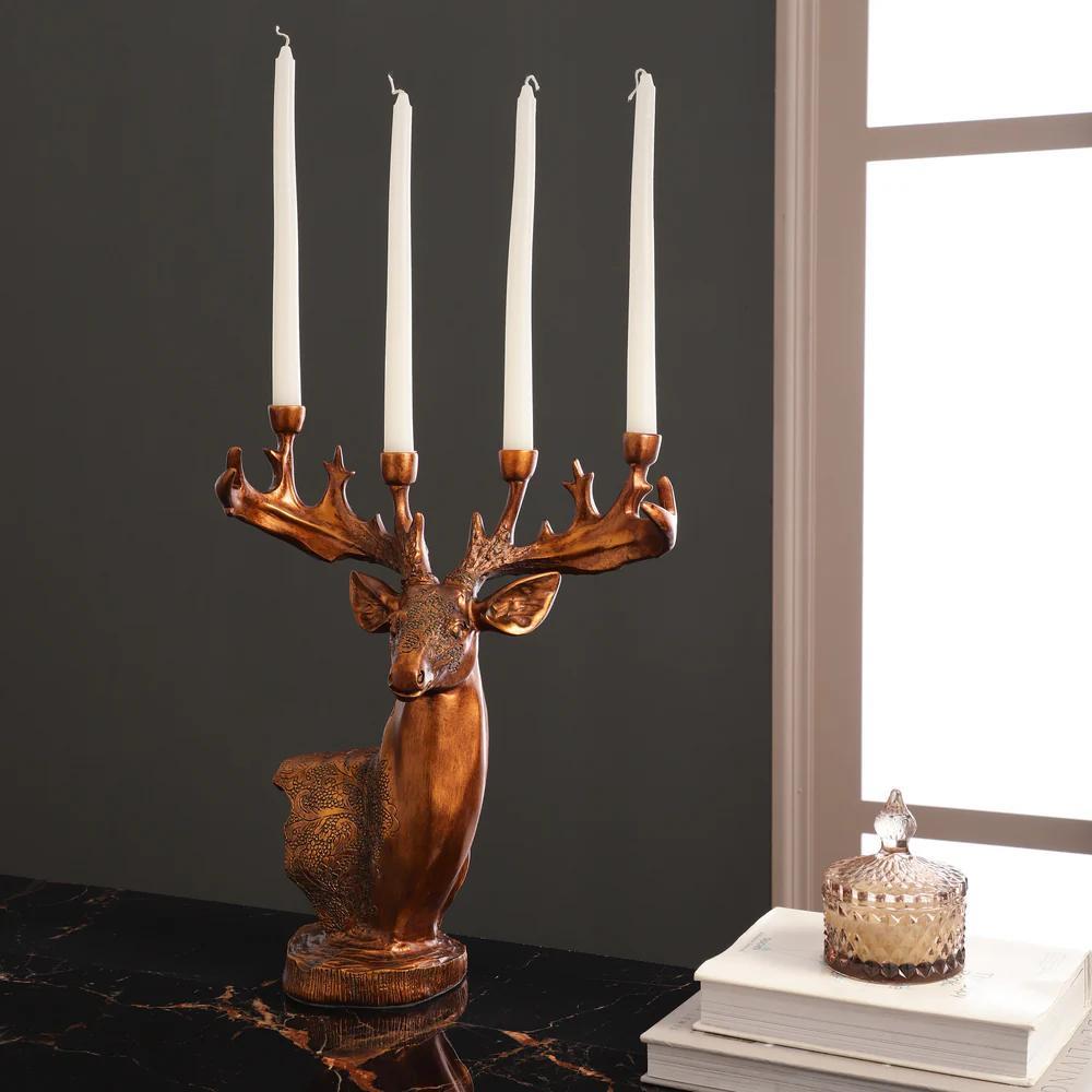 4-Arm Resin Deer Candelabra - Antique Red Bronze Candle Holder for Home Decor, SK884