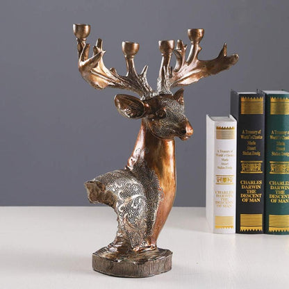 4-Arm Resin Deer Candelabra - Antique Red Bronze Candle Holder for Home Decor, SK884