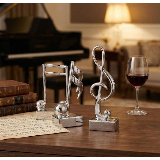 3-Piece Silver Music Note Resin Sculptures - Elegant Home and Office Decor, SK906S