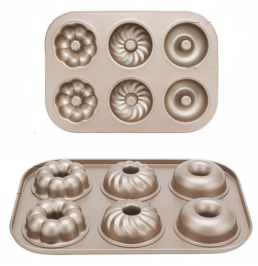 OGO Teflon, Non Stick Aluminium Bakeware Mould 6 Caves With Flowers, Donut Shapes