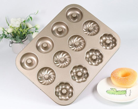 OGO Teflon, Non Stick Aluminium Bakeware Mould 12 Caves With Flowers, Donuts Shapes