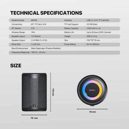 Fantech, Nerabox Bs154 Wireless Speaker Bluetooth 5.4, 5W Rms, Tws Mode, Aux & Tf Support, Built-In Battery, Available in Different Colors