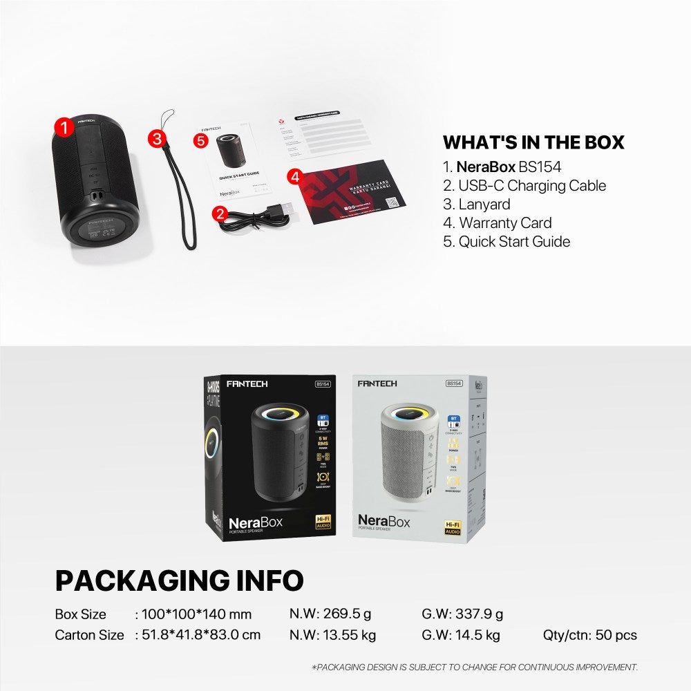 Fantech, Nerabox Bs154 Wireless Speaker Bluetooth 5.4, 5W Rms, Tws Mode, Aux & Tf Support, Built-In Battery, Available in Different Colors