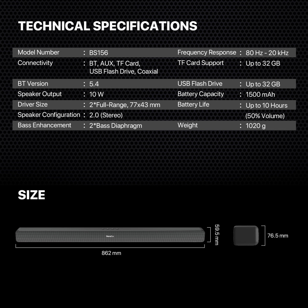FANTECH BS156 NeraBar 10W Stereo Soundbar, Wireless Bluetooth 5.4, AUX, USB, TF, Coaxial, Deep Bass & Built-in Battery