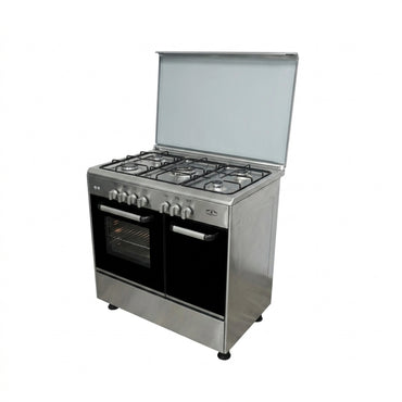 Elegance Gas Cooker 90cm - Auto Ignition For Heads - 4 Burners + 1 Double Burner - Bottle Compartment [Stainless] - Silver, ST9005