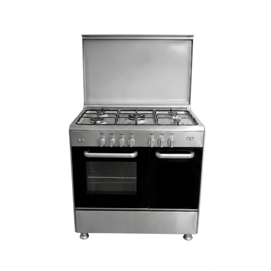 Elegance Gas Cooker 90cm - Auto Ignition For Heads - 4 Burners + 1 Double Burner - Bottle Compartment [Stainless] - Silver, ST9005
