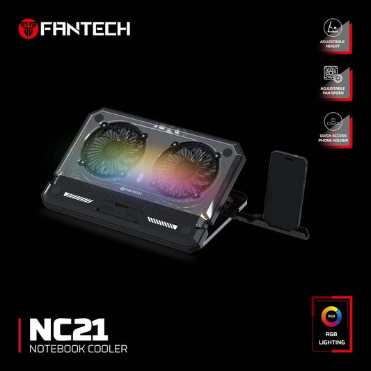 Fantech, Nc21 Cooling Pad With Large Dual Fans, 8-Level Adjustable Stand, Phone Holder, And Rgb Lighting