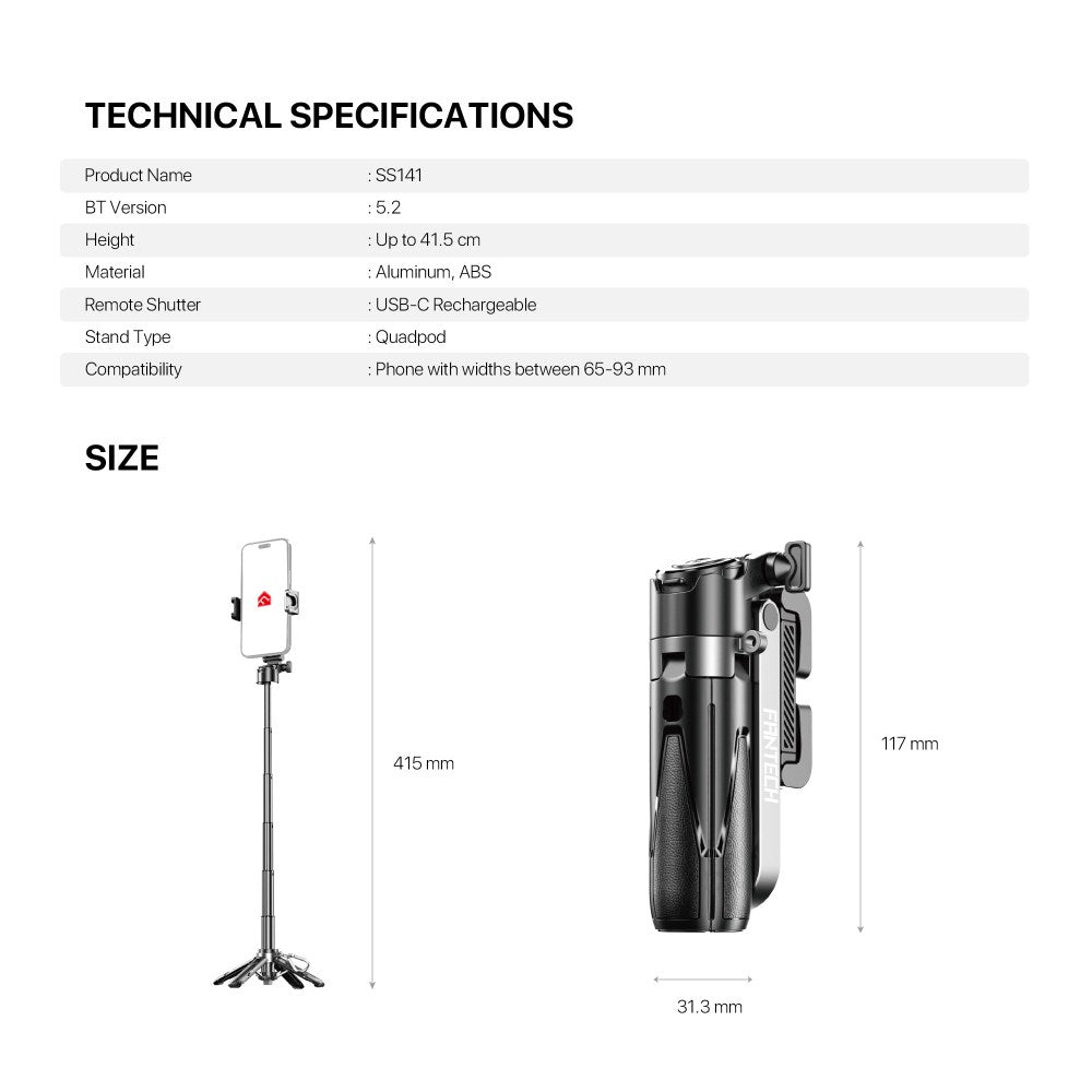 Fantech, Ss141 Selfie Stick Mini Quadripod Stand, Stable And Sturdy Design, Bluetooth Remote