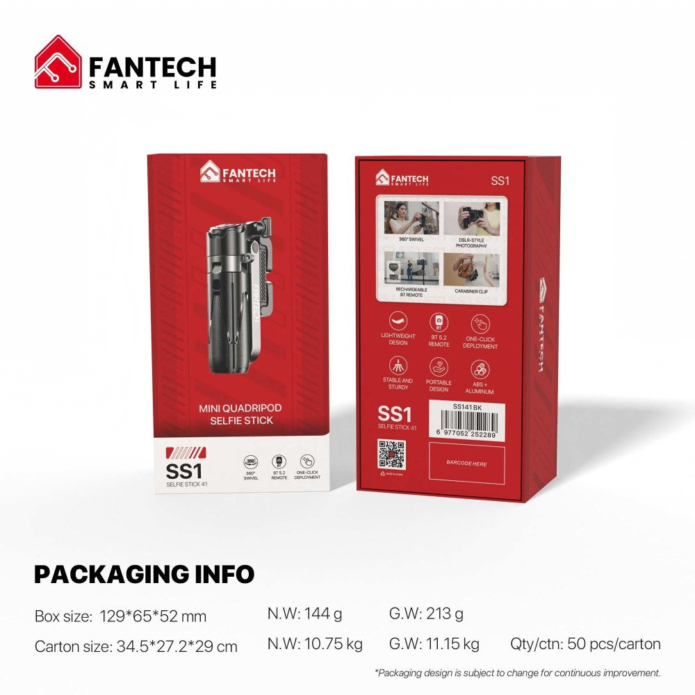 Fantech, Ss141 Selfie Stick Mini Quadripod Stand, Stable And Sturdy Design, Bluetooth Remote