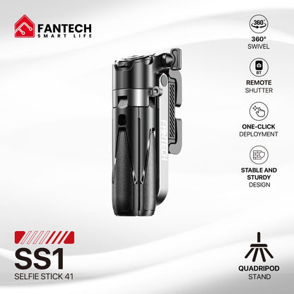 Fantech, Ss141 Selfie Stick Mini Quadripod Stand, Stable And Sturdy Design, Bluetooth Remote