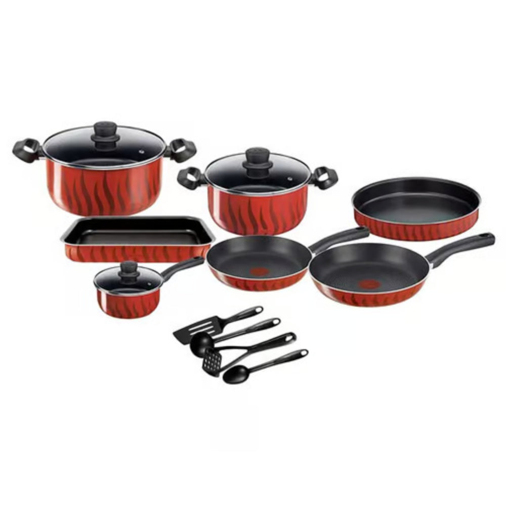 Tefal, Tempo Flame - 14Pcs Set: FP 24-28cm, Saucepan 16cm + Glass LID, Stewpots 24-28cm + Glass LIDs, Kebbe 28cm, Oven Dish, 29x22cm 4 Accessories (Spoon, Ladle, Long Spatula, Potato Masher), TEF-C3079383