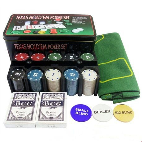 Gamie, Texas Holdem Poker Game Set - Includes Hold em Mat, 2 Card Decks, Chips, Chip Holder and Tin Storage Box - Fun Game Night Supplies - Cool Casino Gift