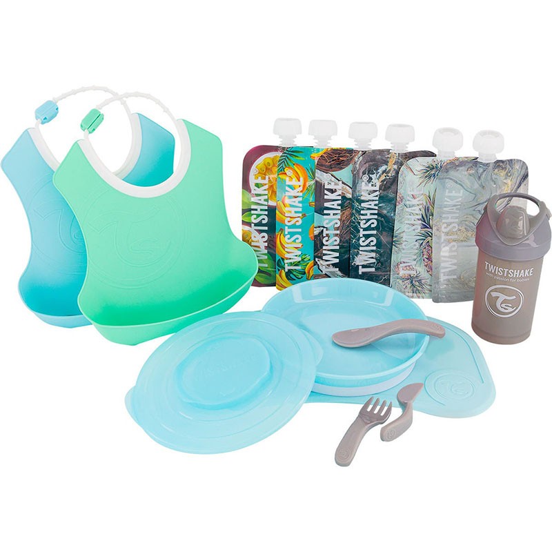 Twistshake, Tableware Bundle for Boys ( Blue/Green/Grey) promo pack. Click-Mat Mini + Plate, 6 x squeeze bags 220 mL, Crawler cup 300 mL, Learn Cutlery, 2 x Bib