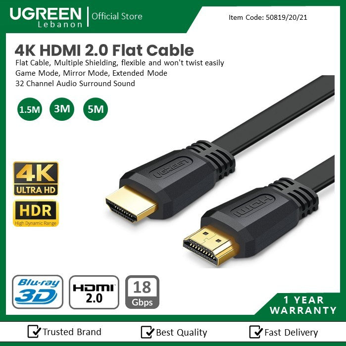 Ugreen, 4K Hdmi 2.0 Flat Cable, Available in Different Sizes