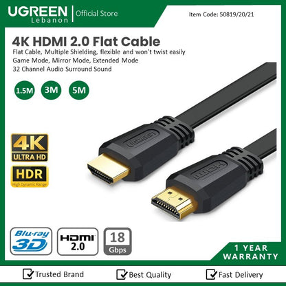 Ugreen, 4K Hdmi 2.0 Flat Cable, Available in Different Sizes