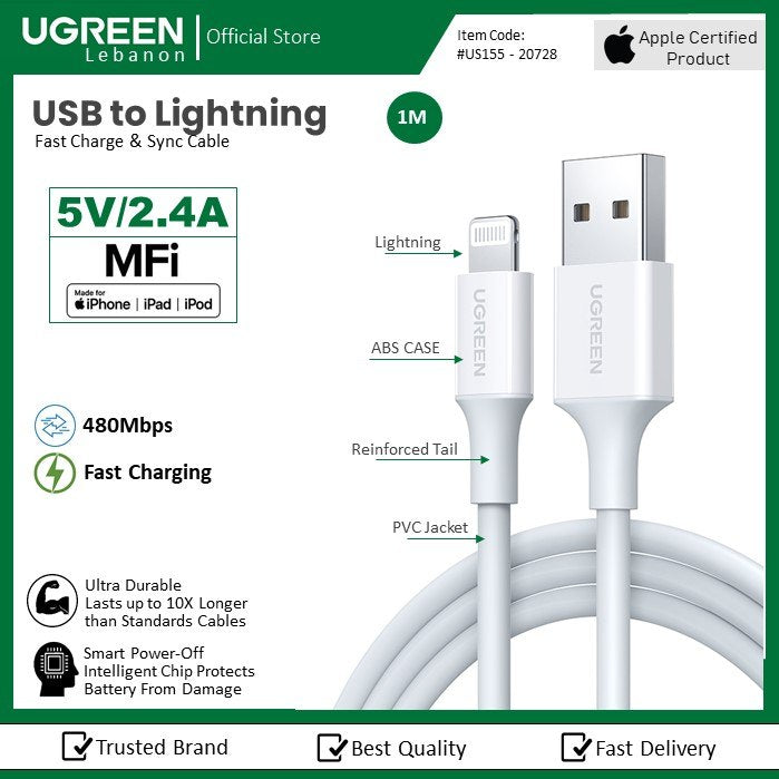 Ugreen, Mfi, Apple Certified Cable USB To Lightning 1M Us155 - 20728