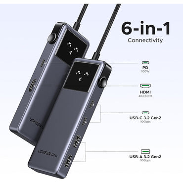 UGREEN Uno 6-in-1 USB-C Hub, HDMI 4K@60Hz, 10Gbps Durable Aluminum Alloy Design with LED Emoji Status Display - CM888 35998