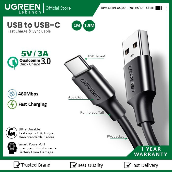 Ugreen, USB To USB-C 5V/3A Fast Cable (Black), Available in Different Sizes