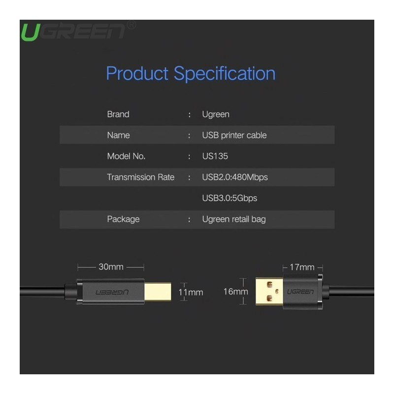 Ugreen, Super Speed Cable Printer USB-A to USB-B  - US135 10350