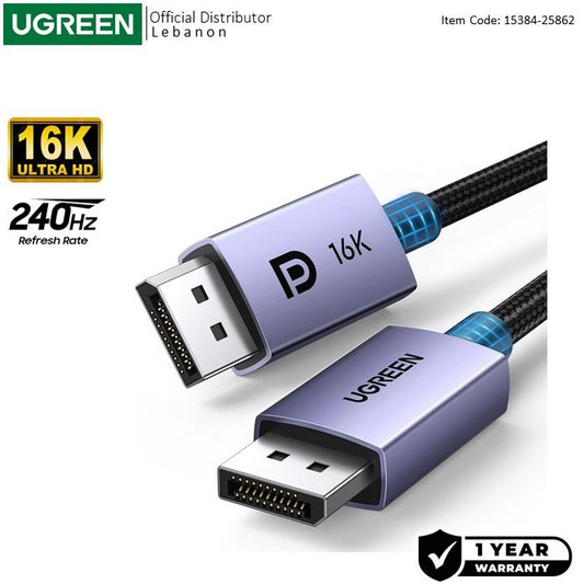 Ugreen, 16K Display Port 2.1 Male To Male Braided Cable, Stable & Ultra-Fast Connection, 2M 3M - Dp118 15384 25862