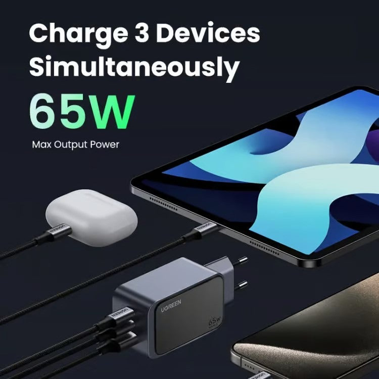 Ugreen, 65W Gan Tech Chip, Triple Port Charger For Phones, Tablets, Ipads, Laptops & Macbooks - X553 35042