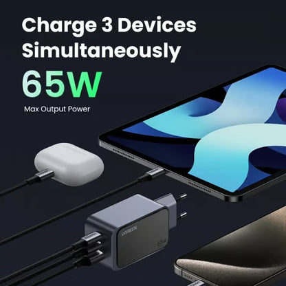 Ugreen, 65W Gan Tech Chip, Triple Port Charger For Phones, Tablets, Ipads, Laptops & Macbooks - X553 35042
