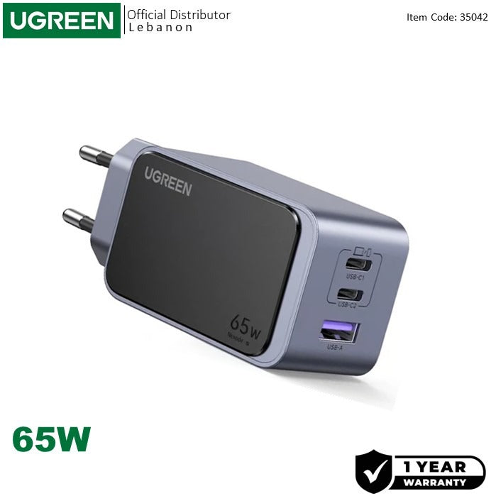 Ugreen, 65W Gan Tech Chip, Triple Port Charger For Phones, Tablets, Ipads, Laptops & Macbooks - X553 35042