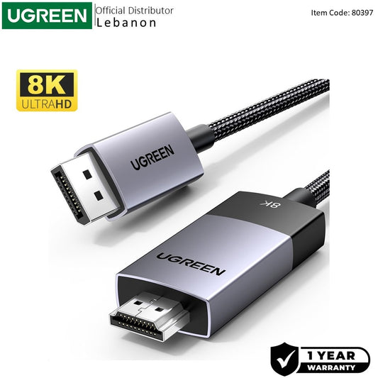 Ugreen, Display Port Male 1.4 To Hdmi 2.1 Male 8K Braided Cable - Dp115 80397
