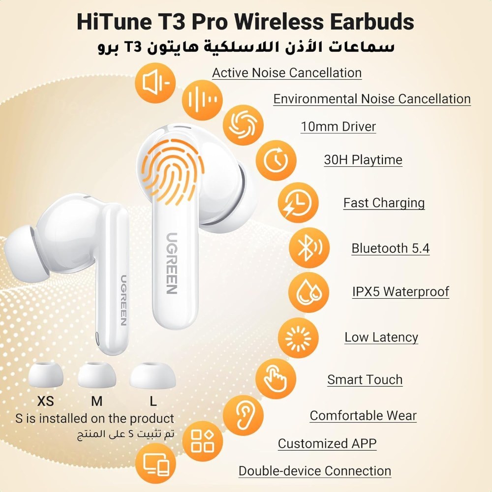 Ugreen, Hitune T3 Pro Bluetooth 5.4 Earbuds, Active Noise Cancellation Earphones, 4 Mics, 30 Hours Play Time - Ws206 35725