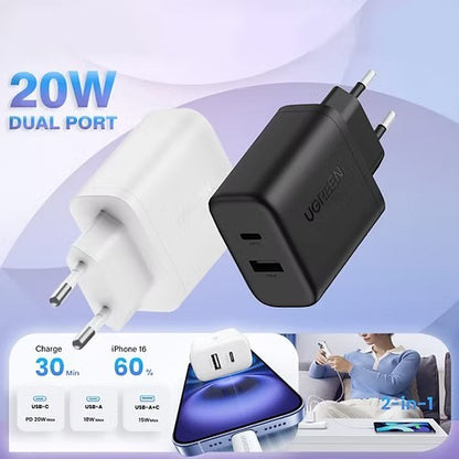 Ugreen, 20W Dual-Port Usb-A + Usb-C Smart & Fast Charger For Phones, Tablets & Ipads - X227 45302