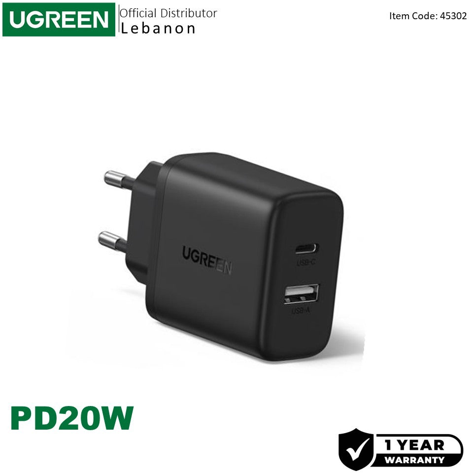 Ugreen, 20W Dual-Port Usb-A + Usb-C Smart & Fast Charger For Phones, Tablets & Ipads - X227 45302