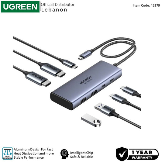 Ugreen, Dual Display 7-In-1 Usb-C Hub Docking Station 2X Usb + 2 Usb-C + 2X Hdmi + Pd Port - Cm498 45379