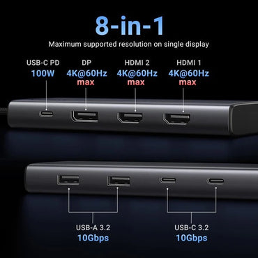 Ugreen, Triple Display 8-In-1 Usb-C Hub Docking Station 2X Usb + 2 Usb-C + Dp + 2X Hdmi + Pd Port - Cm639 35625