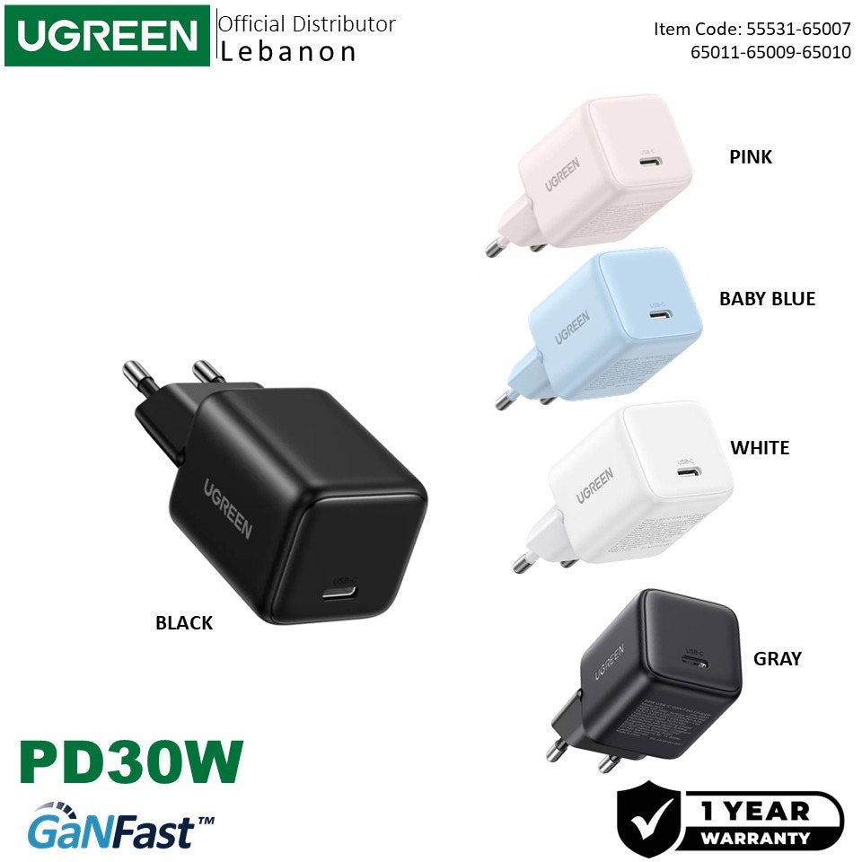 Ugreen, 30W Gan Tech Chip, Smart & Fast Charger For Phones, Tablets, Ipads & Macbook Air - X513 55531 65007 65011 65009 65010, Available in Different Colors