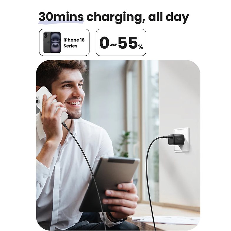 Ugreen, 30W Gan Tech Chip, Smart & Fast Charger For Phones, Tablets, Ipads & Macbook Air - X513 55531 65007 65011 65009 65010, Available in Different Colors