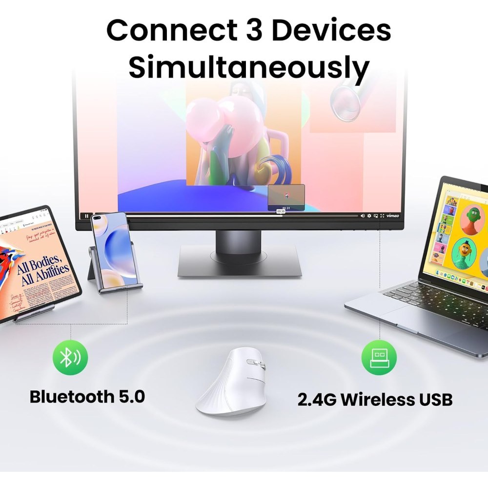 Ugreen, Vertical Mouse, Dual Mode Bluetooth & Wireless Mouse, Silent Click, 4000Dpi - Mu008 25444 45759