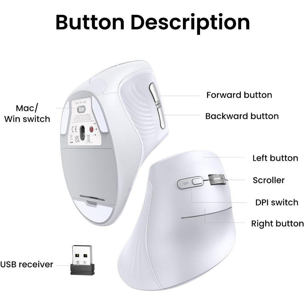 Ugreen, Vertical Mouse, Dual Mode Bluetooth & Wireless Mouse, Silent Click, 4000Dpi - Mu008 25444 45759