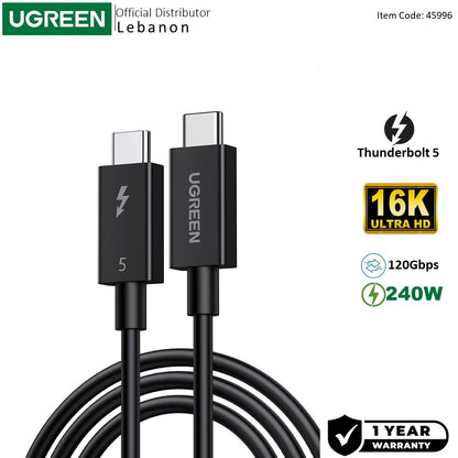 Ugreen, Intel Certified Thunderbolt 5 USB-C Male to Male Cable Support 16K Display, 240W with 120Gbps Data Transfer - L703 45996