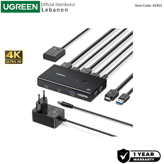 UGREEN 4K 2Ports HDMI KVM Switch Box, Control 2 PC?s Sharing Single Monitor and 4 ports - AK502 45452
