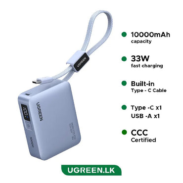 UGREEN 10000mAh 33W Ultra-Compact Power Bank with Built-in Cable - PB584 75173B