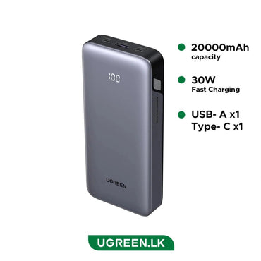UGREEN 20000mAh 30W Power Bank, Dual Ports, LED Display, Trickle Charging & Multi-Protection Safety - PB532 55989B