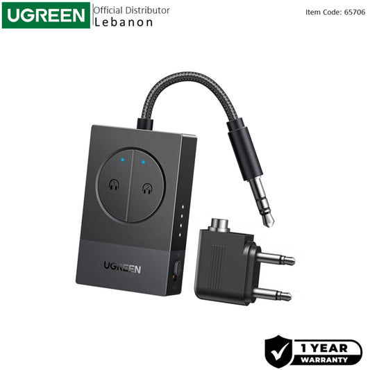 UGREEN Airplane BT 5.4 Audio Transmitter, Dual Pairing, 19H Battery & 3.5mm AUX / Flight Jack, TVs & Treadmills - BT305 65706